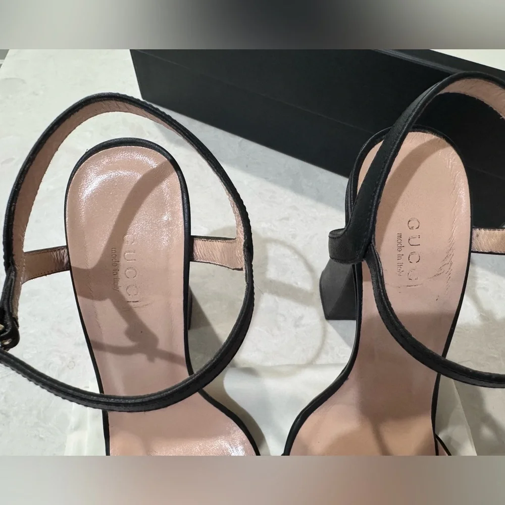 Gucci Horsebit Leather Block Heel Sandals 37.5 - Picture 7 of 10